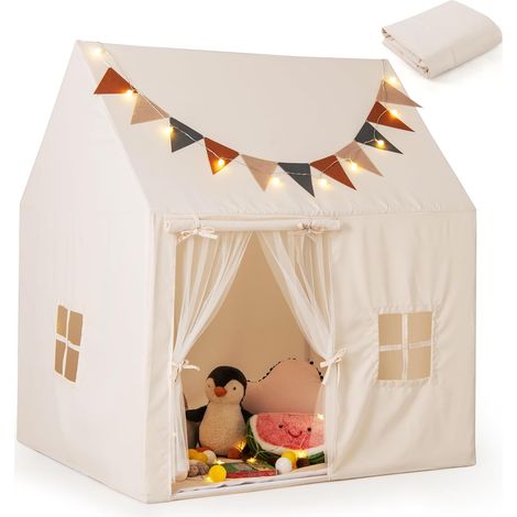 COSTWAY Tenda per Bambini con Luci Fatate e Bandierine, Tenda Casetta da Gioco con Porta e 2 Finestre, Tenda Gioco con Tappetino Imbottito, per Interno ed Esterno, 123 x 107 x 137 cm, Beige