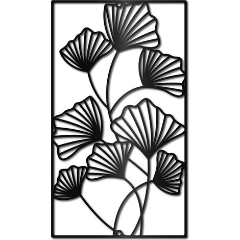 Feuille Ginkgo en Métal-Décoration Murale Suspendre-Feuilles Noires-Art Mural en Fer-Lignes Ginkgo Minimalistes-Sculpture Silhouette-Cadre Rectangulaire pour Yoga,Jardin,Balcon-30x20cm (1/5)