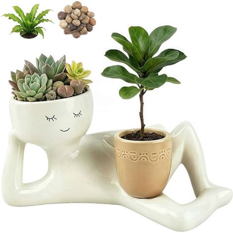 Pot de fleurs original en résine en forme de visage avec trou de drainage pour plantes grasses et cactus intérieur (1/5)