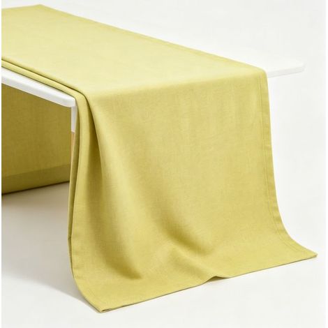 Tovaglia 40x180 cm Verde Giallo - Impermeabile e Antimacchia - Tessuto Effetto Lino Moderno - Facile da Pulire Stile Scandinavo (1/5)
