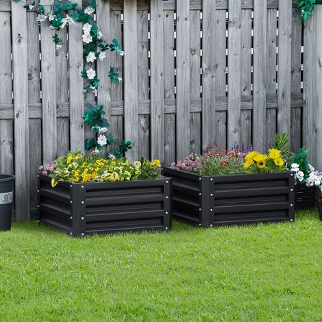 Lot de 2 jardinières surélevées. carre potager de jardin pour légumes. fleurs. acier galvanisé 60 x 60 x 30.5 cm. gris