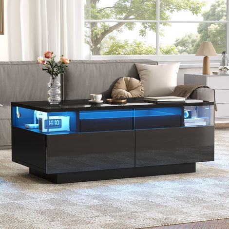 Table de salon LED noire 90x45x35.5 cm, table basse brillante en verre trempé avec 2 tiroirs, table d'appoint pour canapé