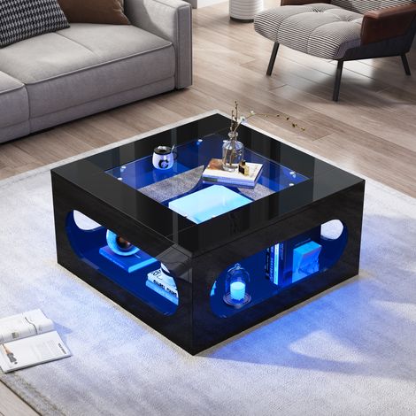Mesa de centro 70x70x35 cm negra en MDF y vidrio templado con LED, hueco central y almacenamiento (1/5)
