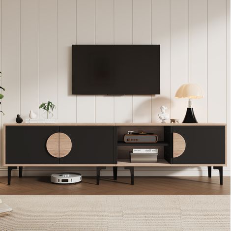 TV-Lowboard 180x35x49 cm Holzoptik Schwarz aus Spanplatte mit 3 Türen und 2 offenen Fächern (1/5)