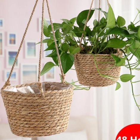 (Beige) Jardinière suspendue en macramé, panier de rangement pour plantes en corde de jute tressée, support pour pot de fleurs d'intérieur/extérieur, décoration intérieure (1/4)