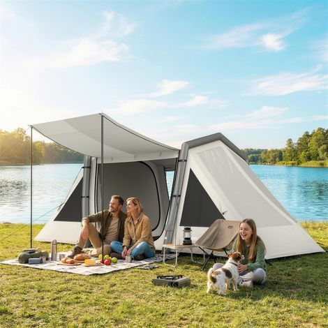 Tente gonflable 4 personnes en extérieur à montage rapide camping 2 chambres fenêtre vestibule