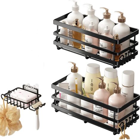 Étagère de douche sans perçage, lot de 3 pièces, couleur noire, antirouille (1/5)