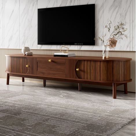 MODFU – Mueble TV 170x39,5x38 cm de MDF con cajón, 2 puertas correderas, patas de madera y tiradores dorados para salón o dormitorio – Nogal (1/5)