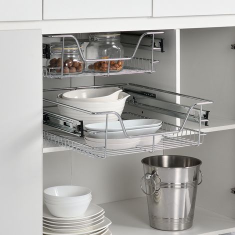 2 x Cesto Extraíble Con Rieles Telescópicos Acero  47 x 44 x 14 cm Color plata [en.casa]