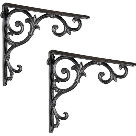 Équerre étagère Murale, Lot de 2, Support en Fonte de Fer, Ornements baroques, Vintage, Noir (1/5)
