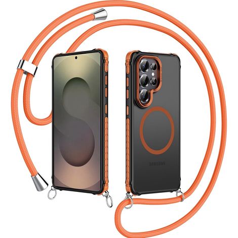 Magnétique Coque pour Samsung S25 Ultra avec Cordon, Compatible avec MagSafe, Étui Collier Réglable Portable Lanyard Case, Translucide Mate Antichoc Housse pour Samsung Galaxy S25 Ultra,Orange (1/5)