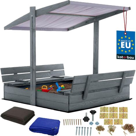 KOTARBAU® Bac à Sable Enfant Extérieur Bois de Pin 120x120 cm Gris Bac à Sable avec Couvercle et Bancs Pliables Protection Solaire avec Toit Gris
