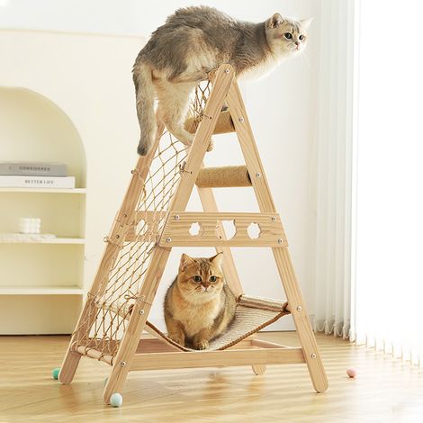 Wooden Cat Climbing Tower with Hammock Scratching Post (1/5)