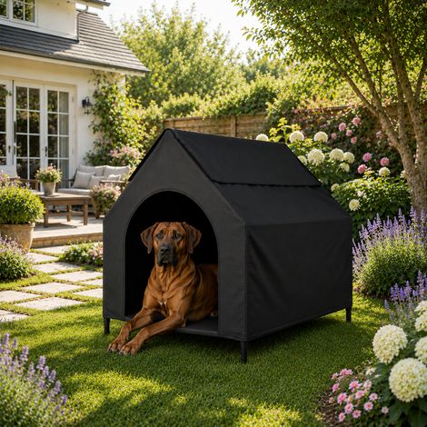 belviona Hundeliege mit Dach, erhöhtes Hundebett für Garten, Terrasse und Balkon, wasserabweisend & belastbar bis 80 kg, 130x85x113 cm, schwarz (1/4)