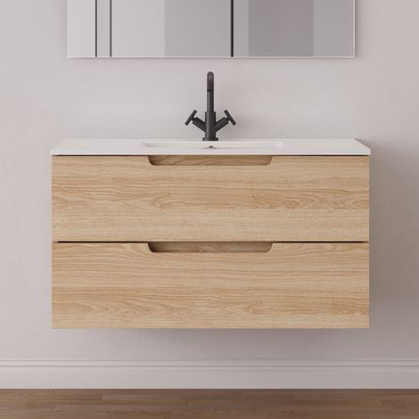 Meuble de salle de bain 90cm simple vasque - 2 tiroirs - sans miroir - roble era (chêne clair) - SONRIZA (1/5)