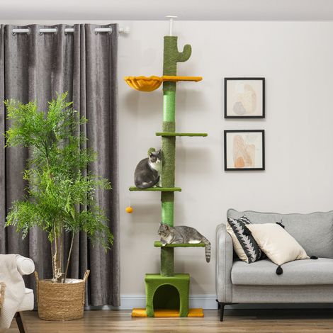 Katzenbaum, 275 cm hoch, 6 Ebenen für Wohnungskatzen, vom Boden bis zur Decke, mit Plattformen, einem Versteck, einer Hängematte, grün