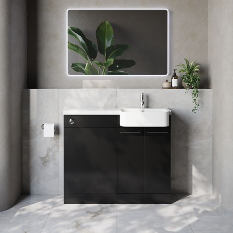 Napoli 250 Matt Black 1000mm 2 Door Vanity Unit Toilet Suite with Right Hand Round Rico Semi Recessed Basin - 1000mm - Chrome 160mm HandleWithout Kingston Toilet Pan