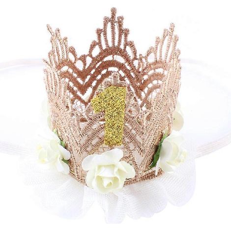 Couronne de fleurs roses en dentelle et tulle pour le premier anniversaire de bébé - Chapeau d'anniversaire pour petite fille - Accessoires photo - Bandeau - Accessoire cheveux-Beige (1/2)