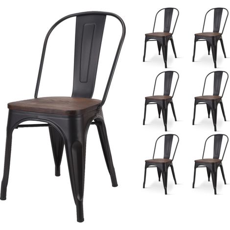 Set di 6 sedie in metallo nero opaco e seduta in legno scuro - stile industriale