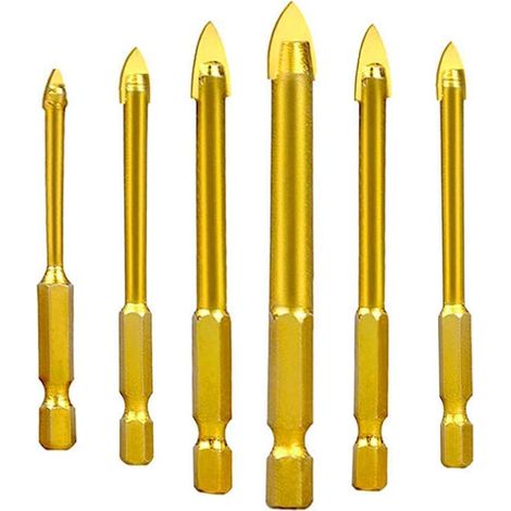 Brocas de acero de tungsteno para vidrio, cerámica, azulejos y cristal, con vástago hexagonal, recubrimiento de titanio, 3 mm, 4 mm, 5 mm, 6 mm, 8 mm, 10 mm, juego de 6 (1/5)