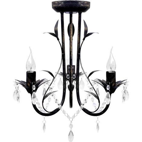 Lampadario Art Nouveau Nero Metallo Perline Cristallo e Lampadine (1/4)