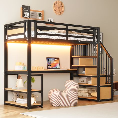 Lit Mezzanine 90x200cm - Structure Métal - Bureau et Étagères Intégrés - Escalier avec Rangements - Barrières Métal et Bois - Capacité 120kg - Noir