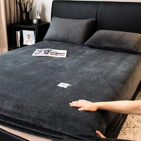 Drap-Housse 200x220cm +26cm,Gris foncé Drap-housse élastique chaud et épais en flanelle de unie, housse de matelas d'hiver réglable (1/5)