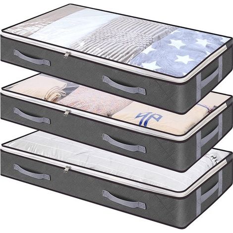 Coffres de rangement sous lit (lot de 3) - Coffres de rangement 100 x 50 x 15 cm - Coffres de rangement pliables avec poignées - Meubles de rangement transparents et pliables pour couvertures, vêtemen (1/3)