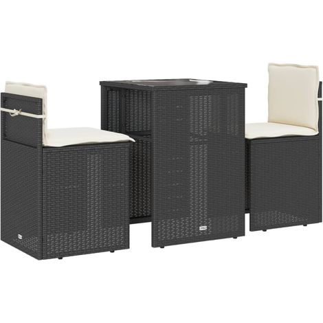 vidaXL Set da Bistrò 3 pz con Cuscini Nero in Polyrattan
