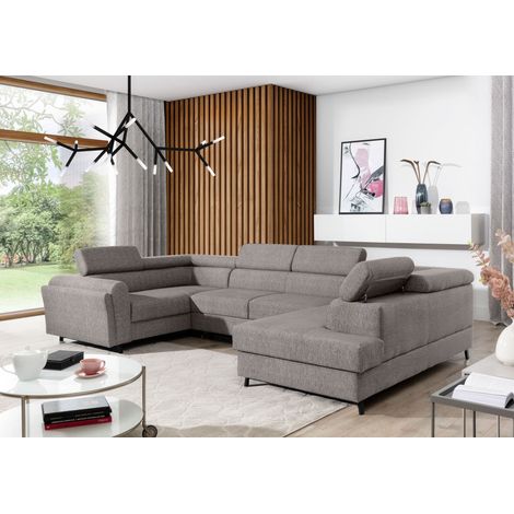 Canapé panoramique convertible SKADA tissu – Rangement et appuis-têtes réglables à droite-Marron clair-Coffre à droite (1/5)