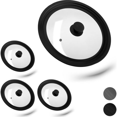 Set of 4 Relaxdays Saucepan Lids Universal, Glass Cover, Stepped Silicone Rim, Pots & Pans 26-30 cm, 5x27,5 cm, Black