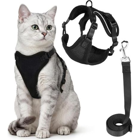 Arnés para Gatos con Correa, Arnés para Gatitos Anti-Explosión, Arnés de Red Transpirable, Gato Reflectante Ajustable, Correa 150 cm, para Caminar al Aire Libre, Negro, Talla M (1/5)