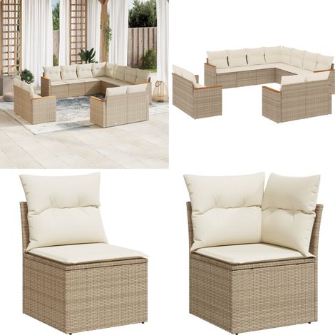 11-tlg. Garten-Sofagarnitur mit Kissen Beige Poly Rattan - Gartensorgsgarnitur - Esszimmerset Outdoor - Lounge Set - Rattan Gartenmöbel - Gartenmöbel Aus Kunststoff - Home & Living