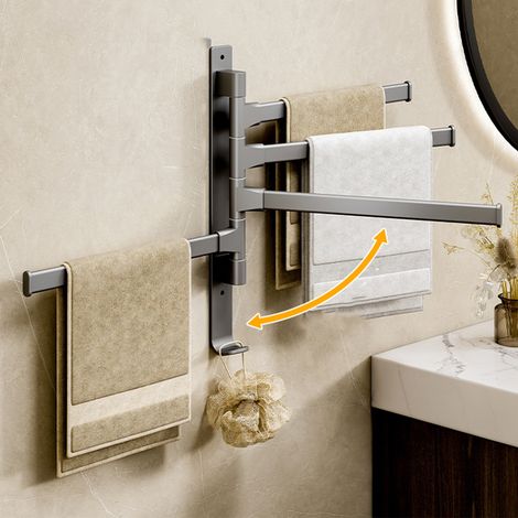 Porte-serviettes pivotant à 4 bras en aluminium spatial épais, rotation à 180 degrés, pour salle de bain, maison ou hôtel. (1/5)