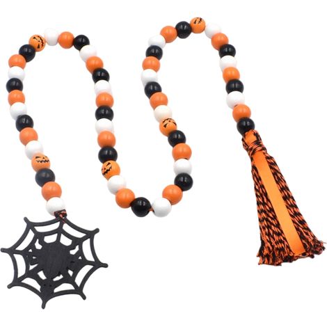 Guirlande de perles en bois d'Halloween 39,8" à toile d'araignée et pompon, décoration murale rustique (1/5)