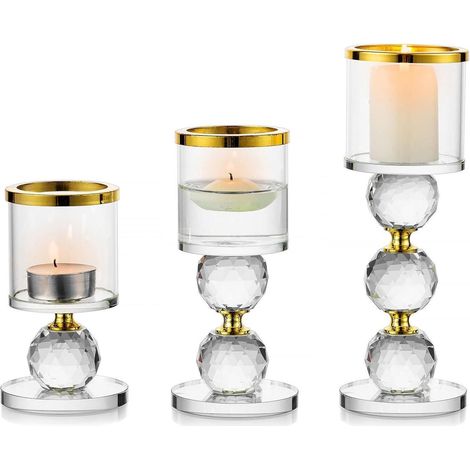 Kerzenständer Kristall Glas Stumpenkerzen Teelichthalter 3 Stück Gold (1/5)