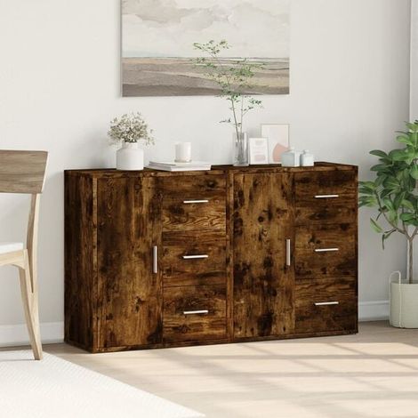 Lot de 2 Buffets Bas en Bois Fumé, Meuble de Rangement 60x31x70 cm en Panneau d'Ingénierie, Étagère de Cuisine et Salon Style Industriel (1/5)