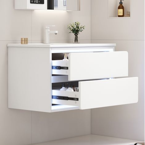 REDOM - Meuble sous vasque suspendu 76x46x48.5 cm, 2 tiroirs, éclairage à capteur radar LED, lavabo céramique intégré, MDF blanc (1/5)