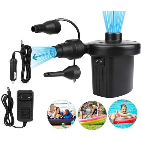 Electric Air Pump, 2 in 1 Portable Electric Pump with 3 Air Nozzles for Air Mattress, Sofa, Pool, Inflatable Boat, Buoy, 220V-240V/12V (1/5)
