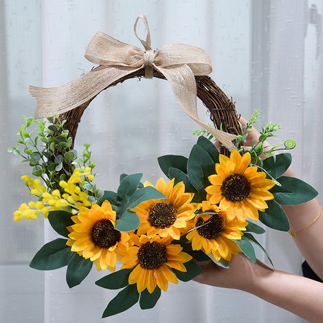 Couronne de tournesols artificiels en rotin, décoration murale fleur soleil Y884, 26 cm. (1/5)