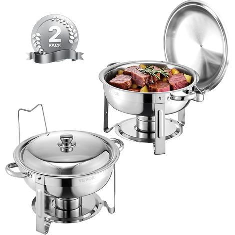 Set di scaldavivande VEVOR, 5 litri, acciaio inox, rotondo con coperchio, vaschetta per l'acqua, supporto pieghevole, argento - 2 pezzi (1/5)
