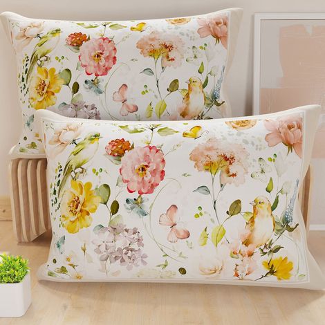Lot de 2 Taies d'Oreillers 80x40 cm 100% Microfibre Hypoallergénique, Housse Oreiller Rectangulaire Floral Crème, Paquet de 2