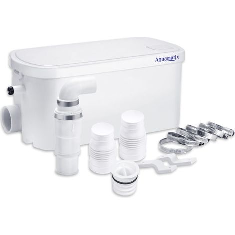 Pompe de relevage compacte 250W – Débit 100L/min – Hauteur 8m – Pour douche et évier – 2 entrées sanitaires – Silencieuse 30-40 dB