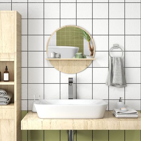Rangement Miroir rond mural de salle de bain avec 1 étagère de rangement - Ø 45 x 10H cm - panneau de particules