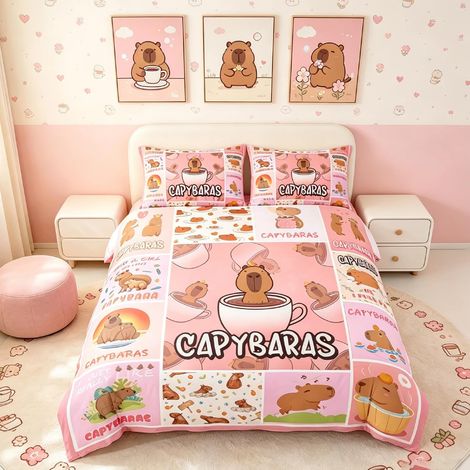 Capybara Bedding Set for Children, Lovers, Capybara Bedding Set for Boys, Teenagers, Cartoon Cup, Animals, Lovers, Duvet Cover 140 x 200 cm, Plaid, Grid Pink, Bedding Set (1/5)