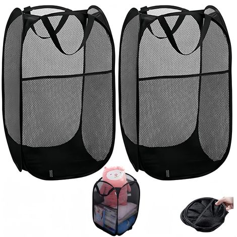 Lot de 2 paniers à linge pliables avec anse Panier à linge portable Noir Panier de rangement pliable en maille Panier à linge pliable 58x36cm (1/5)