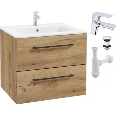 Waschtischunterschrank mit Waschbecken – 50 cm – Goldene Eiche – Scharniere mit Soft-Close-Funktion – Wandmontage