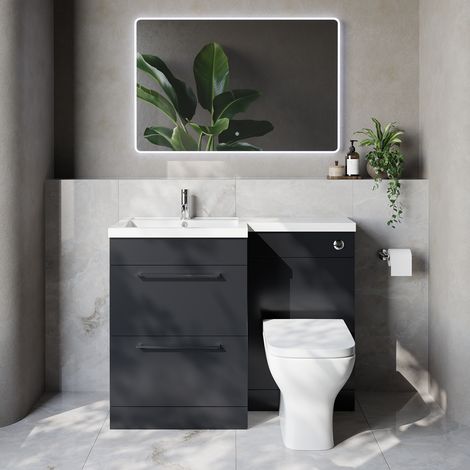 Napoli 460 Gloss Grey 1100mm 2 Drawer Vanity Unit Toilet Suite with Left Hand Square Lucia Basin - 1100mm - Chrome 320mm HandleWith Kingston Toilet Pan and Seat