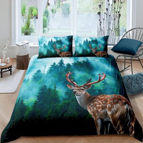 Bettwäsche Set Hirsch Wald Motiv 135x200cm mit 1 Kissenbezug 80x80cm Mikrofaser