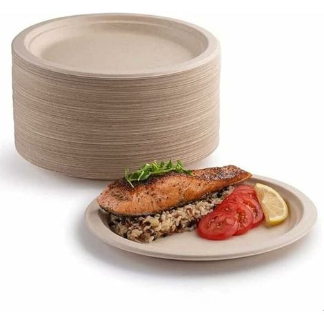 Packung mit 100 biologisch abbaubaren Papptellern, 17,8 cm Durchmesser. Besonders stabil und kompostierbar. Ideal für Picknicks und Grillabende.